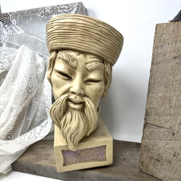 1960 Universal Statuary Corp Mid-Century Asia Man Chalkware Bust - Picture 2 of 9